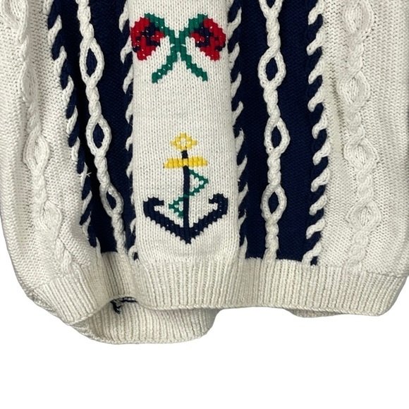 TALBOTS VINTAGE HAND KNIT COTTON NAUTICAL COLORBLOCK CABLE KNIT CREW SWEATER - Picture 6 of 12